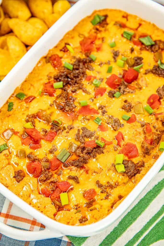 baking dish of beef enchilada dip on a table