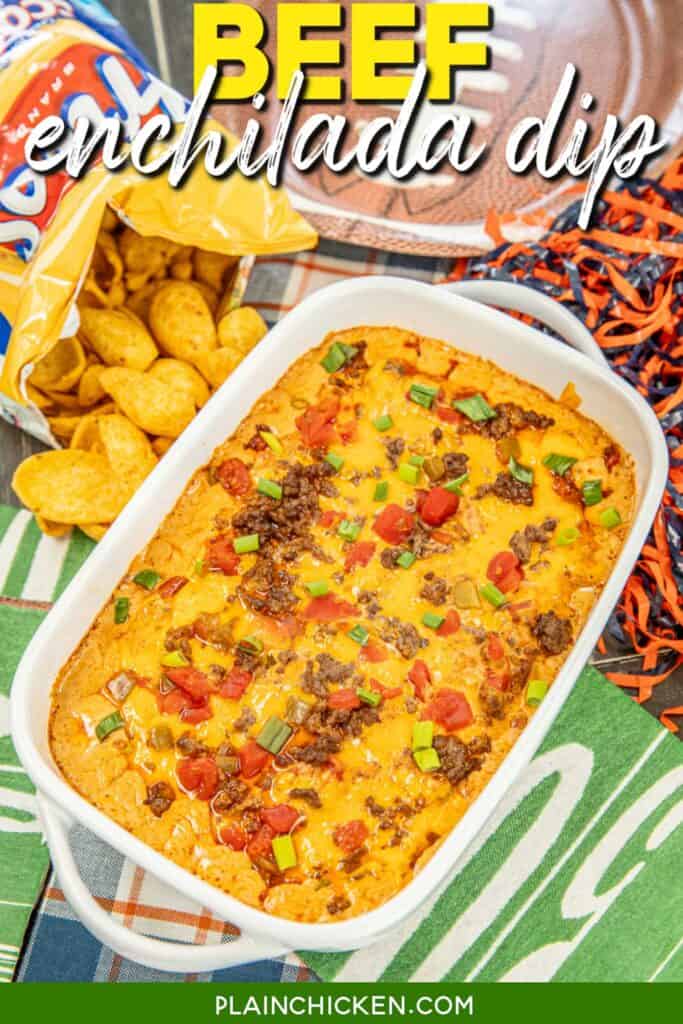 baking dish of dip on a table with chips with text overlay