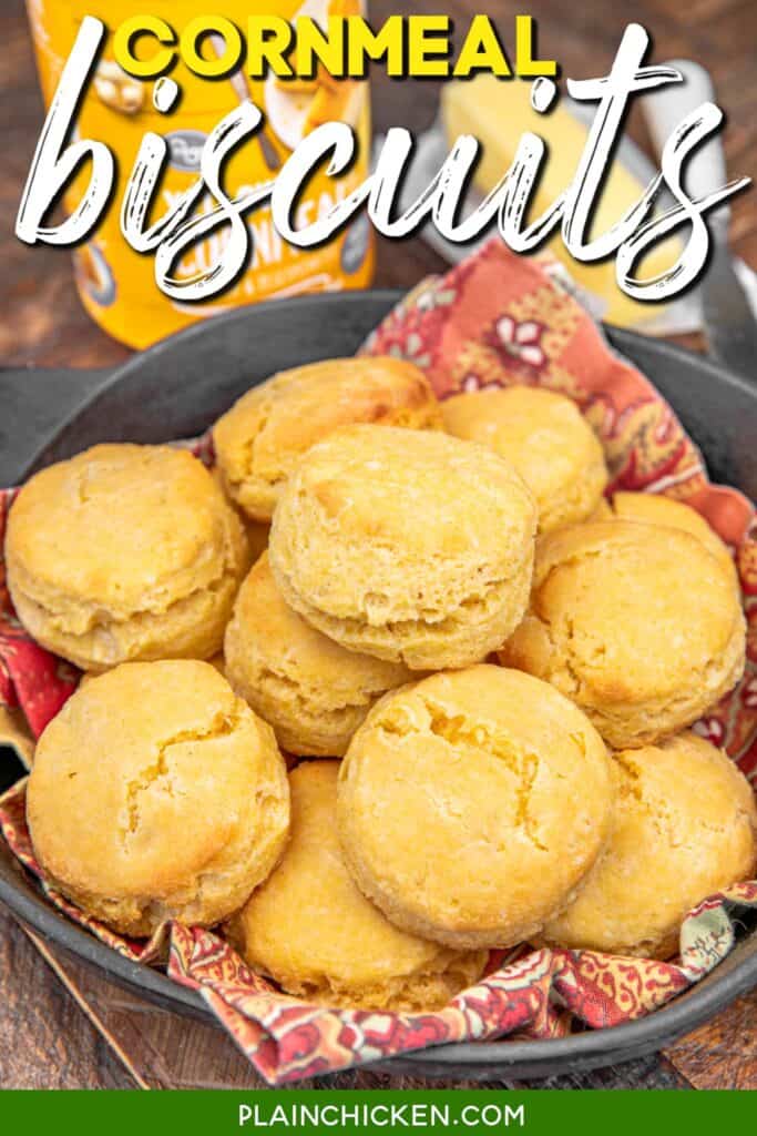 basket of cornmeal biscuits with text overlay