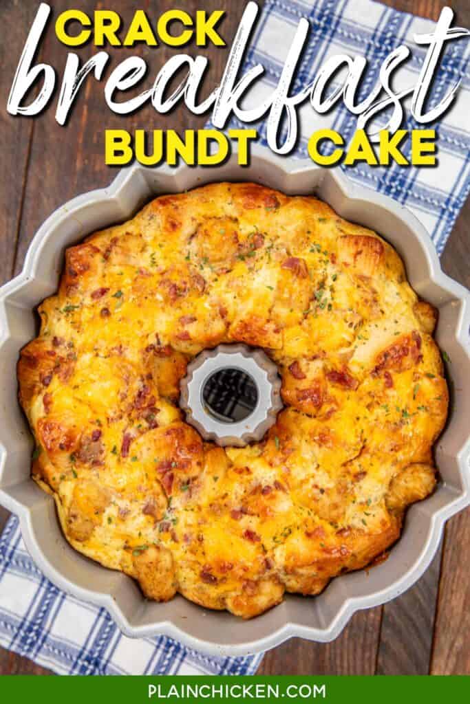 bacon cheese egg casserole in bundt pan on a table with text overlay