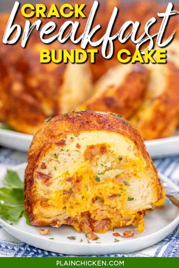 bacon cheese egg casserole in bundt pan on a table with text overlay