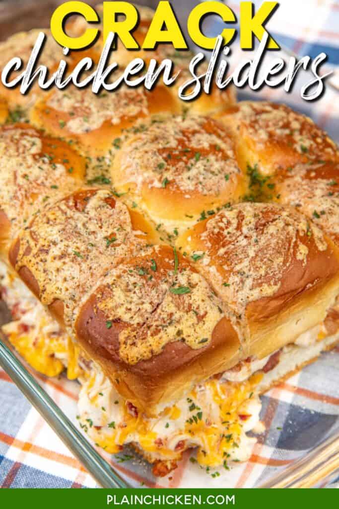 shredded crack chicken sliders in a baking pan with text overlay