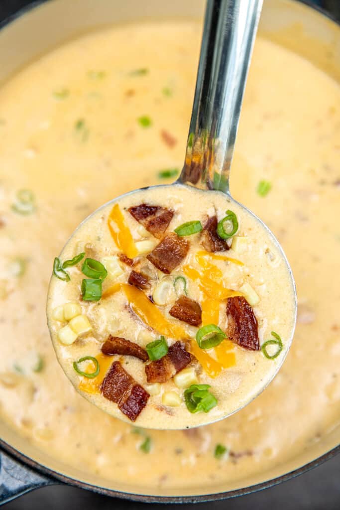ladle of corn and bacon chowder