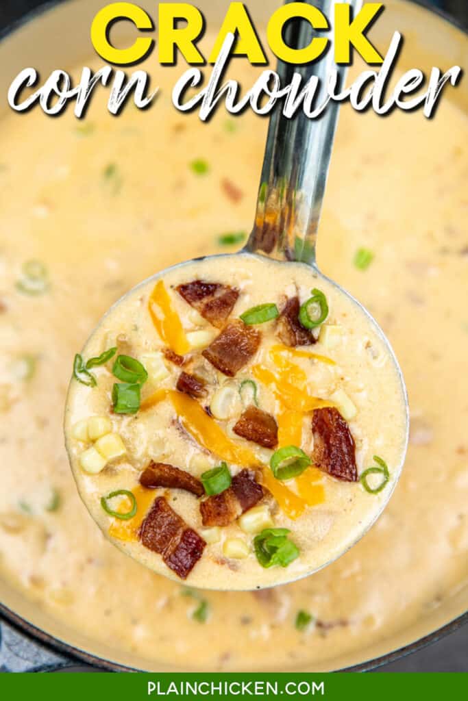 ladle of corn and bacon chowder with text overlay