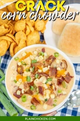 bowl of corn and bacon chowder on a table with a spoon and fritos with rolls with text overlay