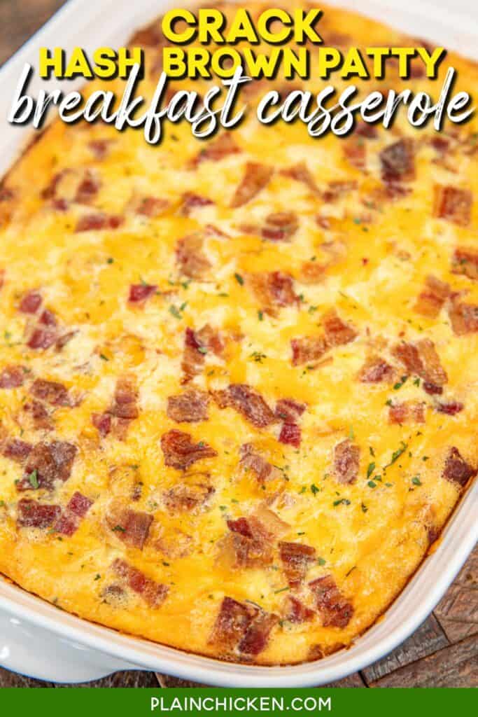 baking dish of bacon and cheese breakfast casserole with text overlay