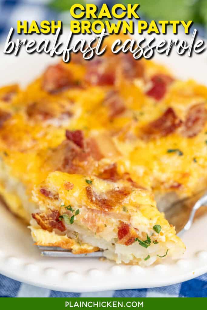 cutting into a slice of bacon hash brown patty breakfast casserole on a plate with text overlay