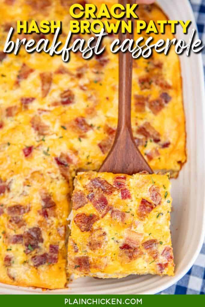 slice of bacon breakfast casserole on a spatula with text overlay