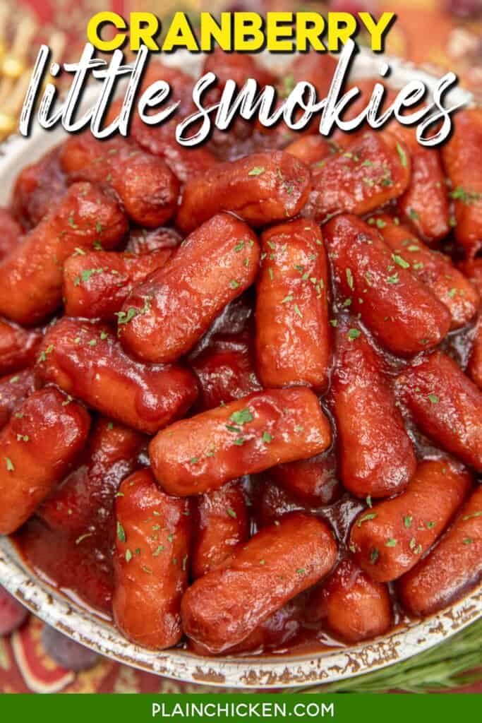 bowl of little smokies with text overlay