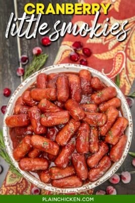 bowl of little smokies on a table with text overlay