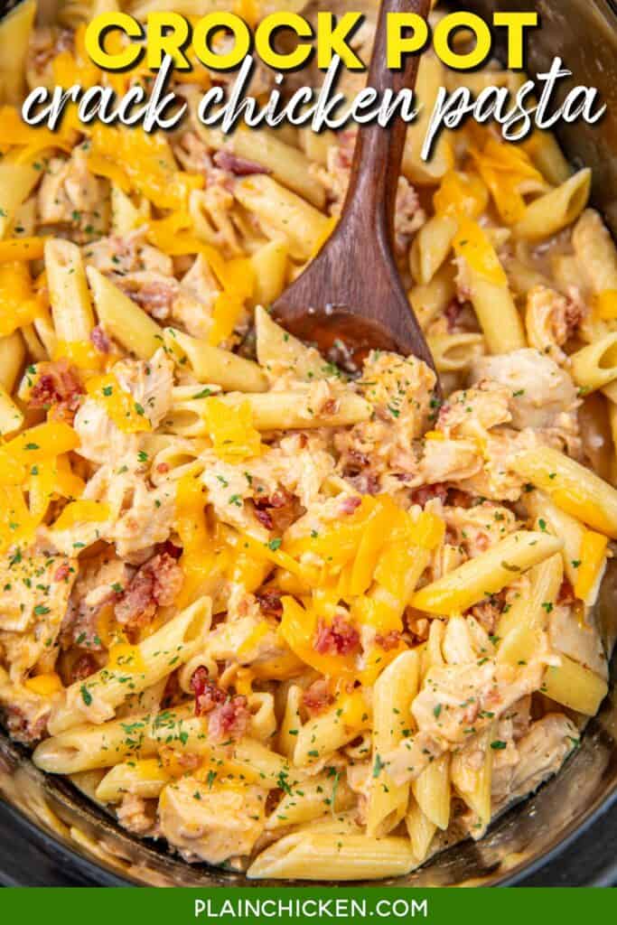 scooping cheddar bacon ranch chicken pasta from crockpot with text overlay