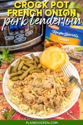 plate of shredded pork tenderloin with green beans and biscuits with text overlay
