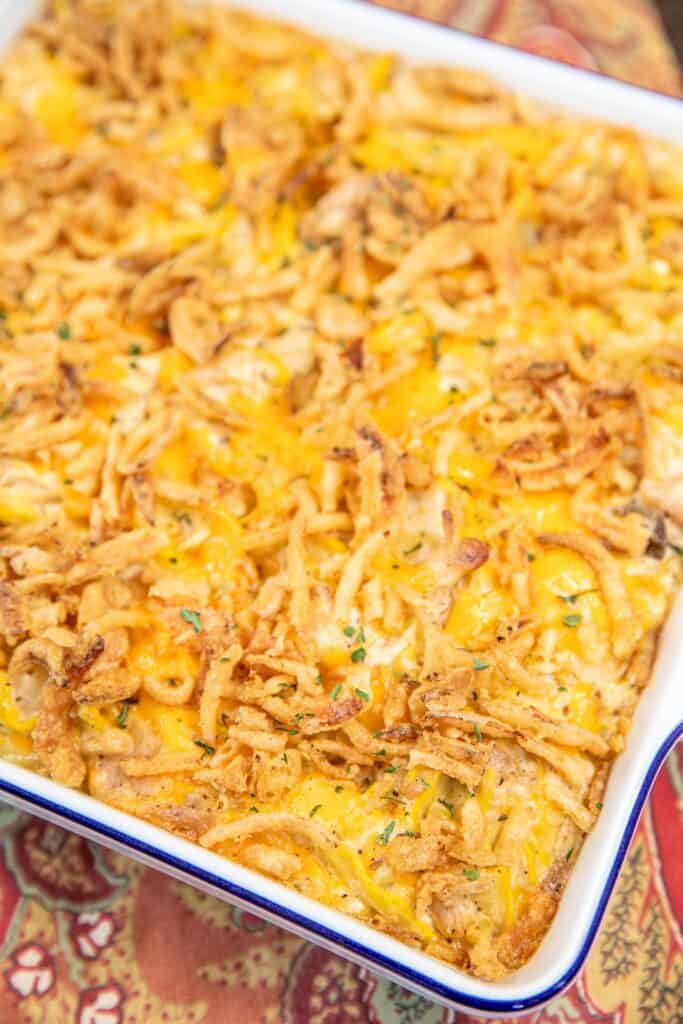 baking dish of squash casserole on a table