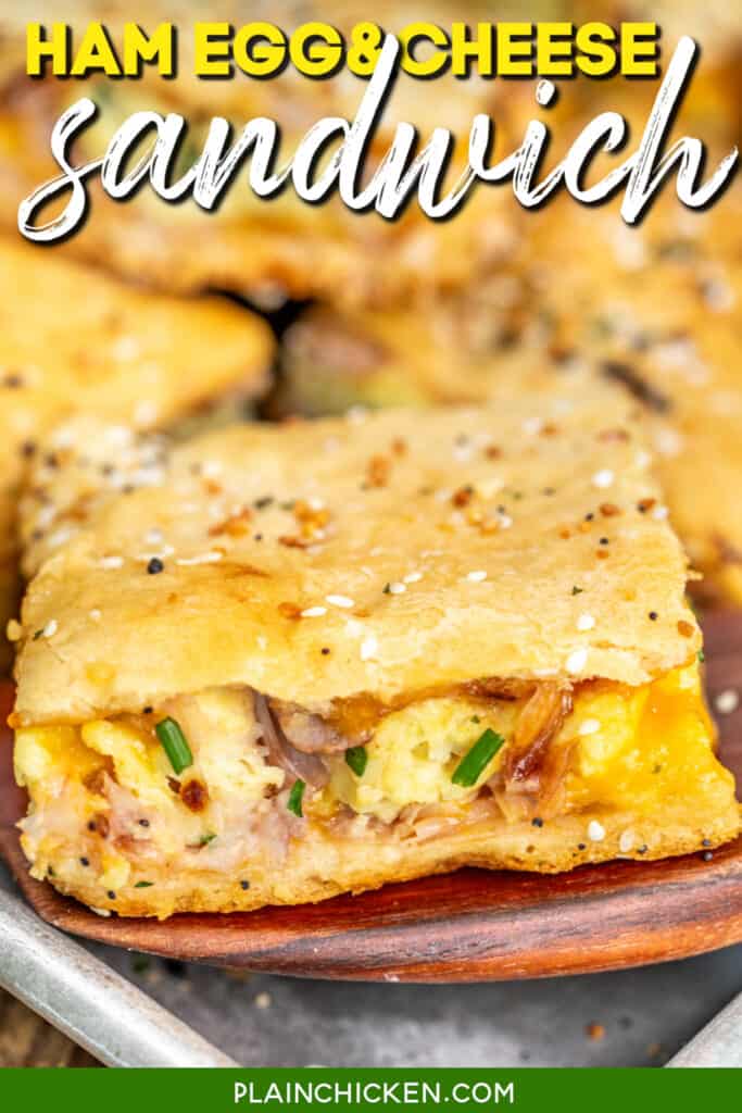 ham egg and cheese crescent sandwiches on a spatula with text overlay