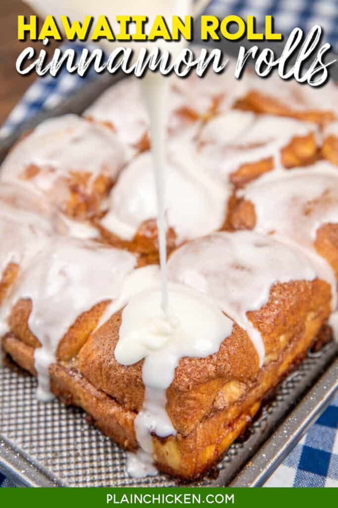 pouring icing over cinnamon rolls with text overlay