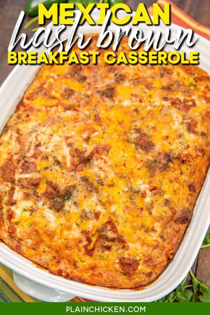 hash brown casserole in a baking dish with text overlay