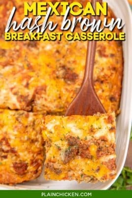 slice of hash brown breakfast casserole on a spatula with text overlay