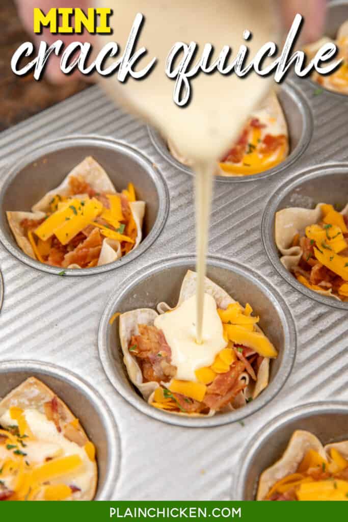 pouring egg custard over bacon and cheese in wontons in a muffin pan with text overlay