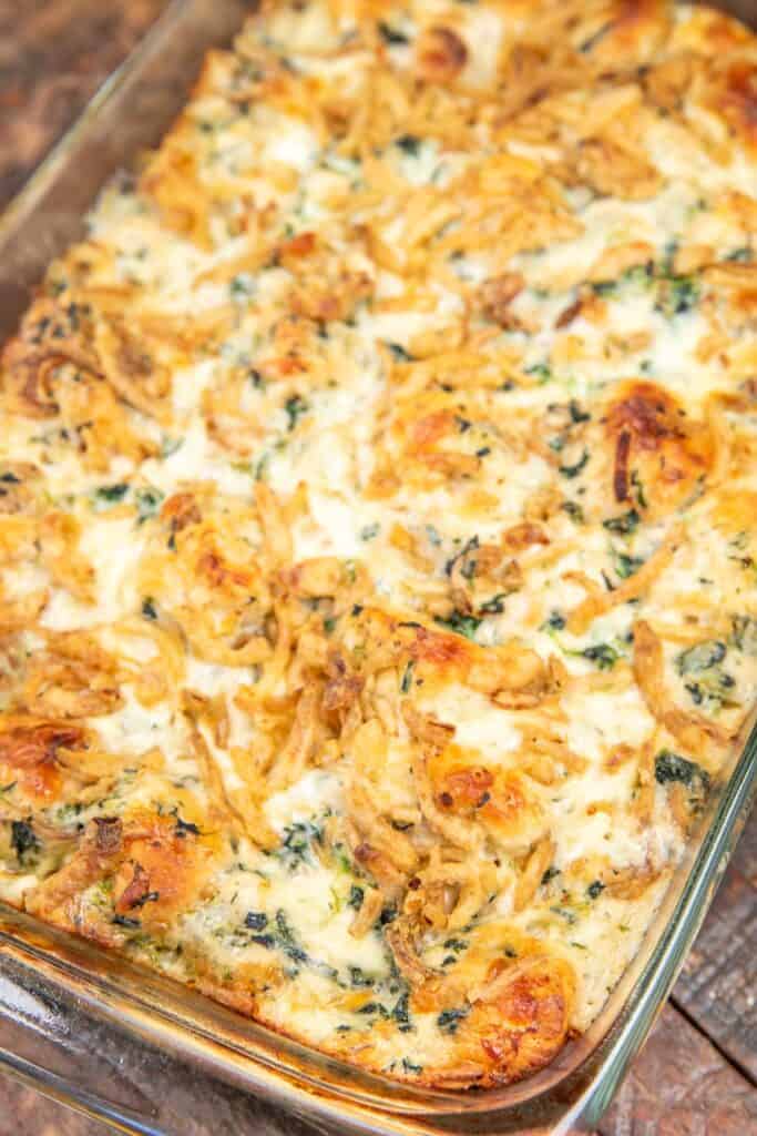 baking dish of chicken spinach and biscuit casserole