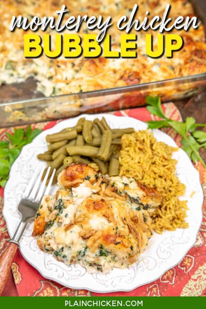 plate of chicken spinach and biscuit casserole with rice and green beans with text overlay