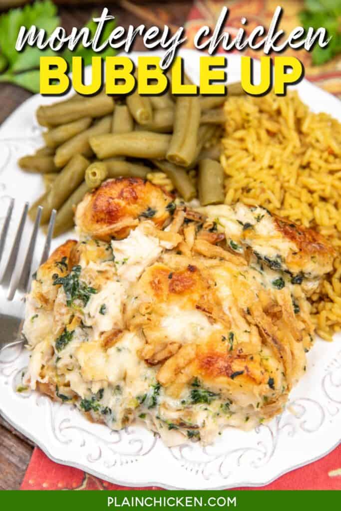 plate of chicken spinach and biscuit casserole with rice and green beans with text overlay