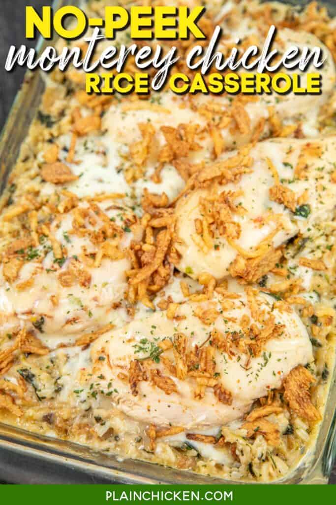 baking dish of chicken and rice topped with french fried onions with text overlay