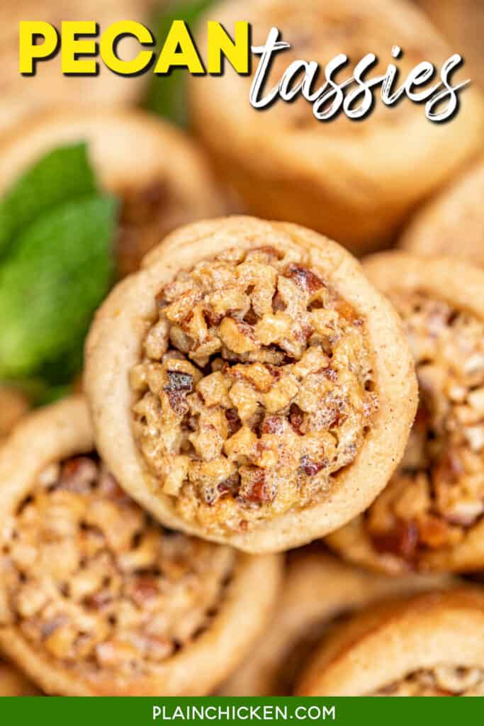 close up of a pecan tart cookie with text overlay