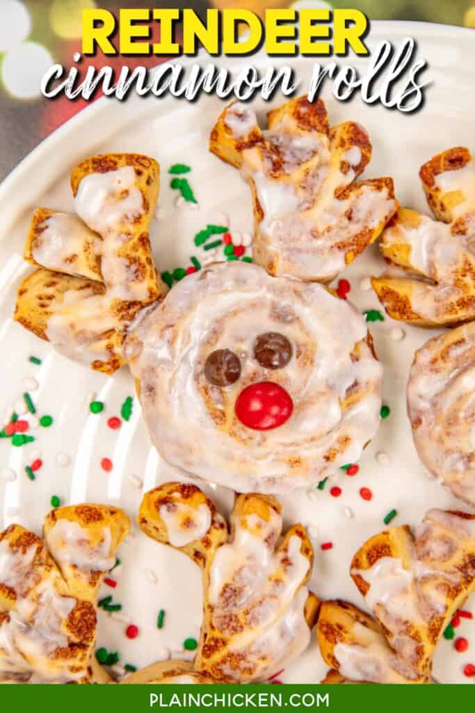 christmas cinnamon rolls in the shape of a reindeer with text overlay