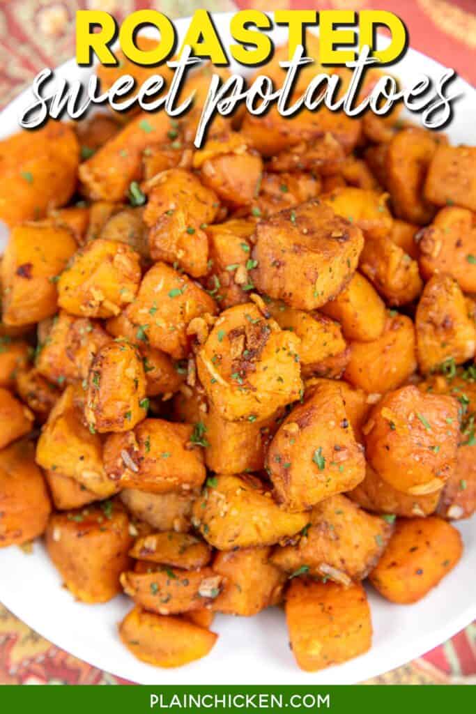 bowl of roasted sweet potatoes with text overlay