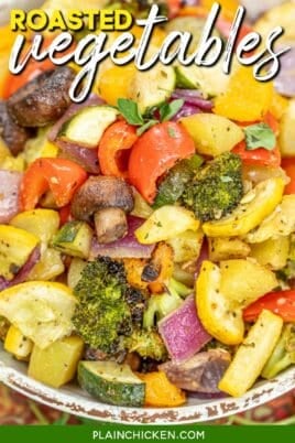 bowl of roasted vegetables with text overlay