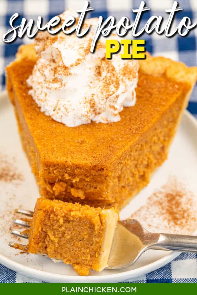 cutting into a slice of sweet potato pie on a plate with text overlay