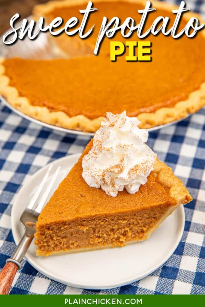 slice of sweet potato pie topped with whipped cream on a table with text overlay