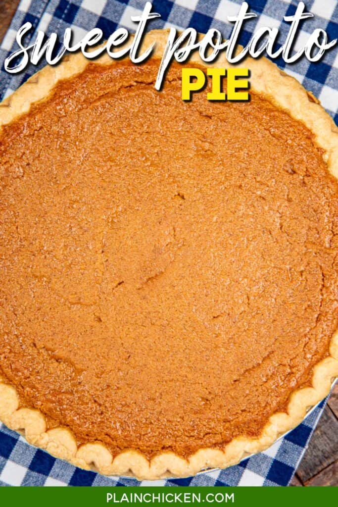 whole sweet potato pie on a table with text overlay