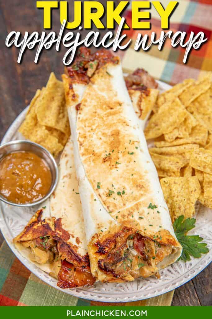 turkey sandwich wrap on a plate with chips and honey mustard with text overlay