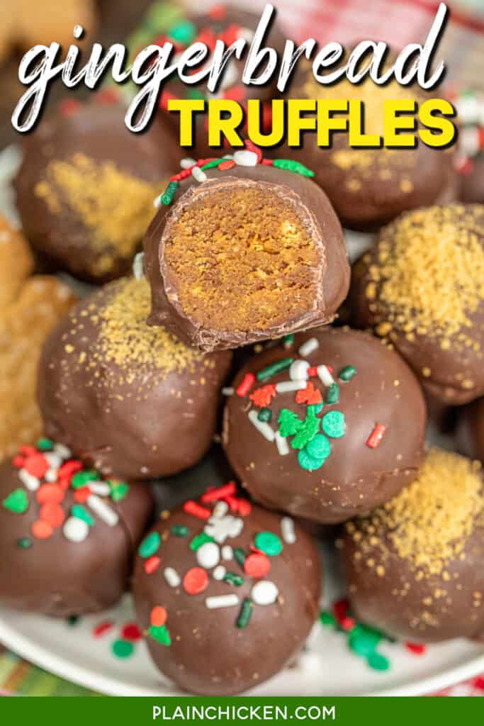 plate of chocolate covered gingerbread truffles with text overlay