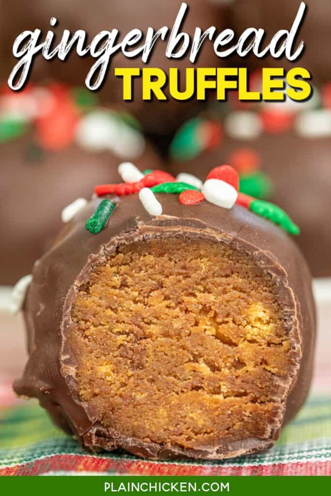 cross section of a chocolate covered gingerbread truffles with text overlay