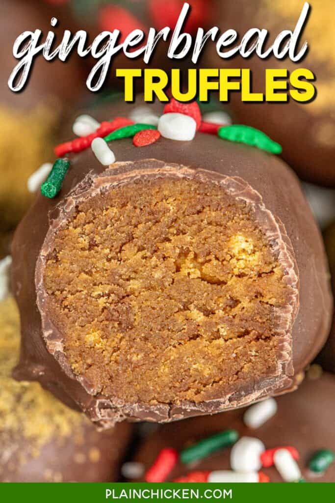cross section of a chocolate covered gingerbread truffle with text overlay