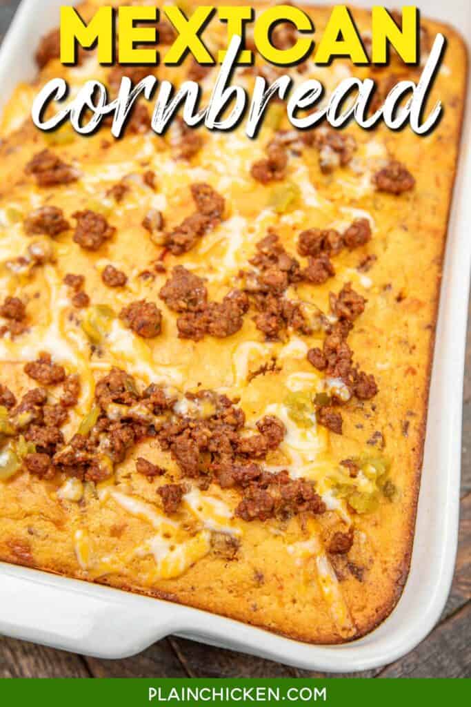 cornbread in a baking dish with text overlay