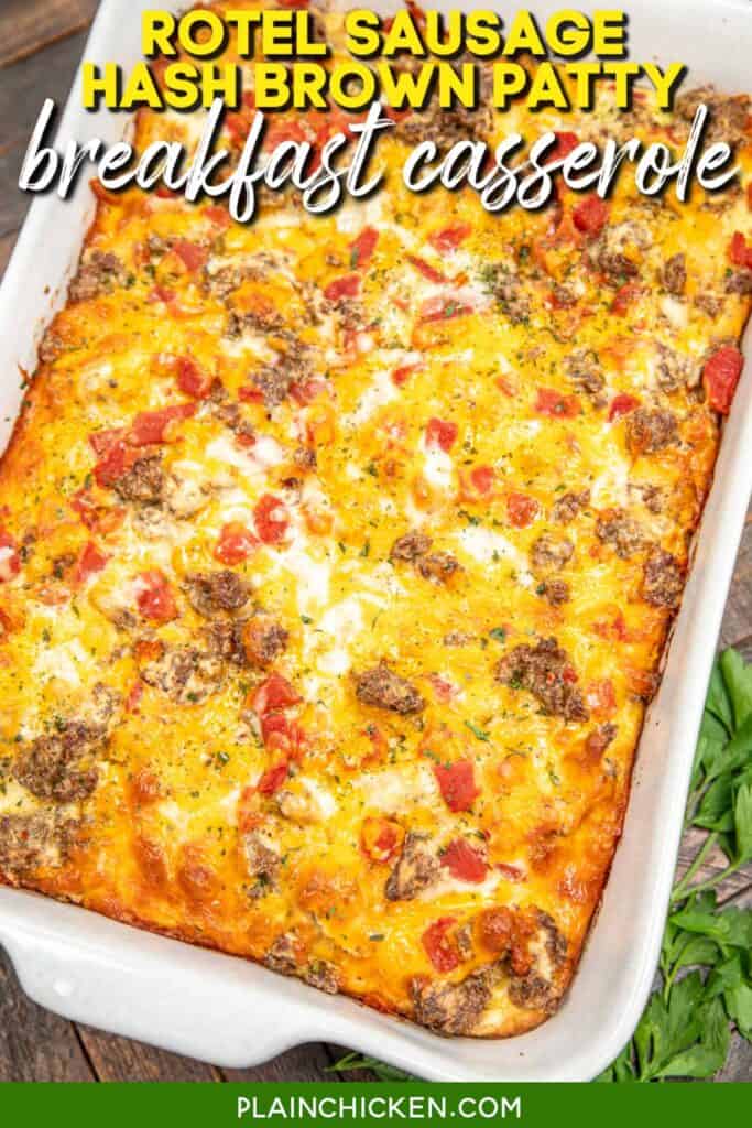 breakfast casserole in a baking dish sitting on a table with text overlay