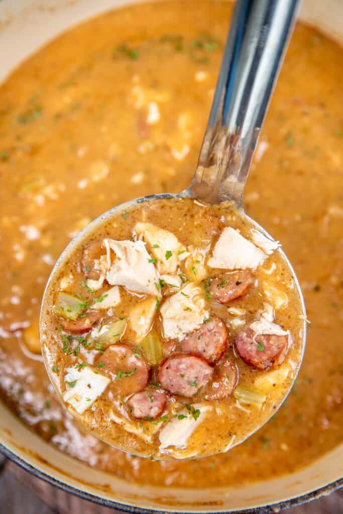 ladle of chicken and sausage gumbo