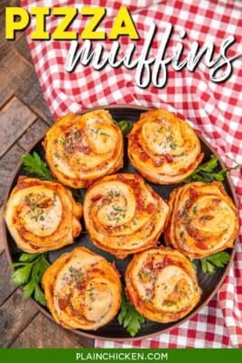 plate of pepperoni pizza muffins on a table with a red checked table cloth with text overlay