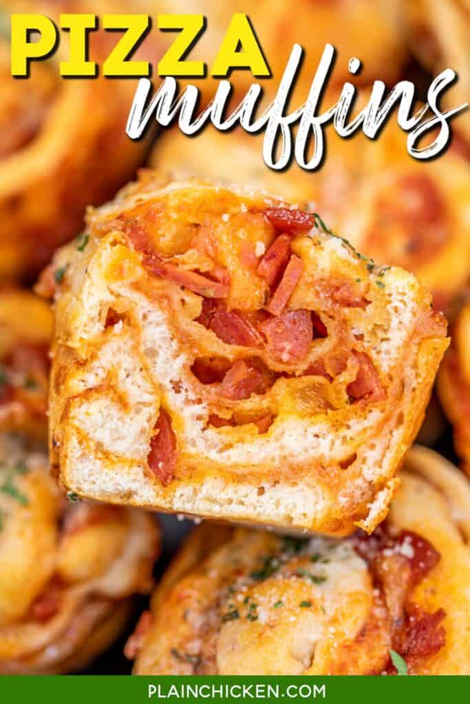 cross-section of pepperoni pizza muffins with text overlay