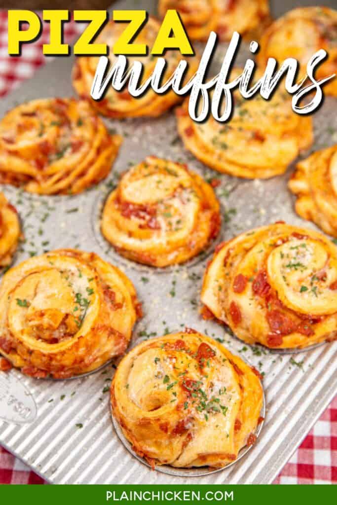muffin pan of baked pepperoni pizza muffins with text overlay