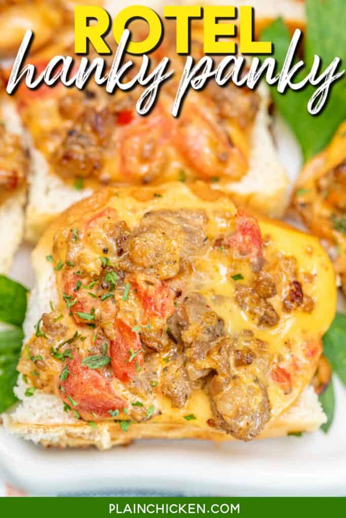 close up of rotel sausage and cheese toasts on a platter with text overlay