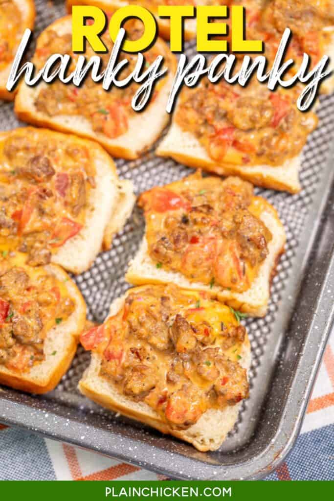 rotel sausage and cheese toasts on a baking sheet with text overlay