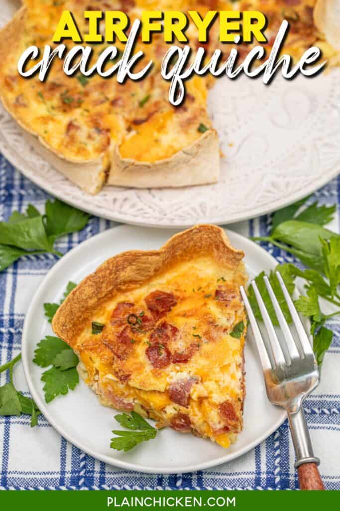 slice of bacon quiche on a plate with text overlay