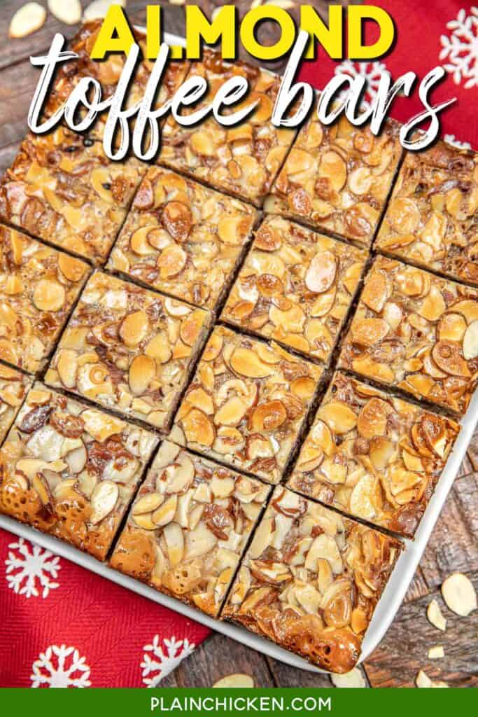 platter of almond cookie bars with text overlay