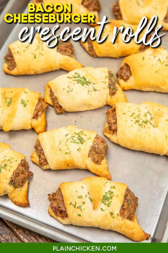 cheeseburger crescent rolls on a baking sheet with text overlay