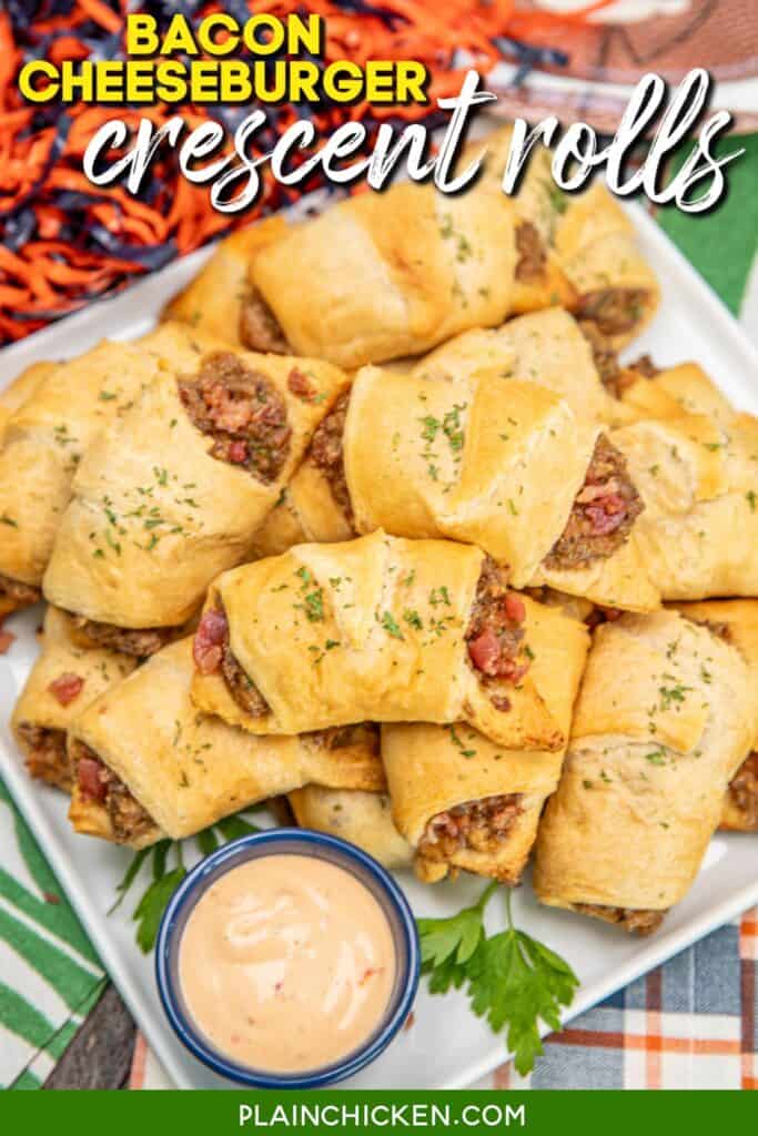 plate of cheeseburger crescent rolls with text overlay