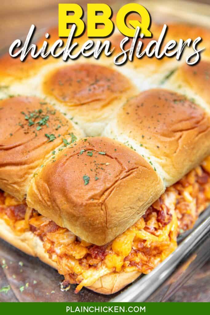 baking dish of bbq chicken sandwiches on hawaiian rolls with text overlay